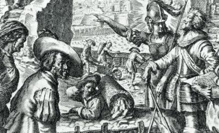 Wspierany przez niebiosa Ludwik XIII zagrzewa żołnierzy do prac oblężniczych pod La Rochelle