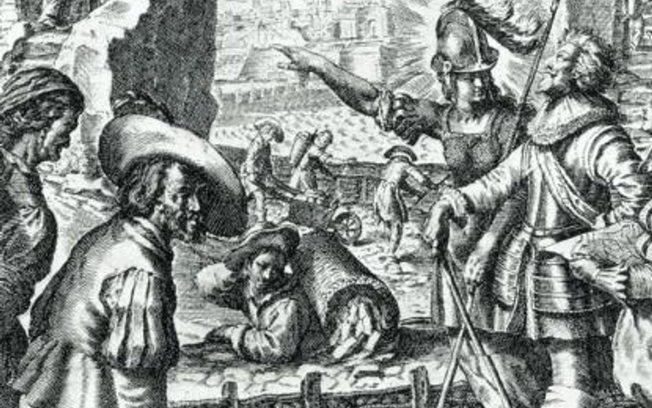 Wspierany przez niebiosa Ludwik XIII zagrzewa żołnierzy do prac oblężniczych pod La Rochelle