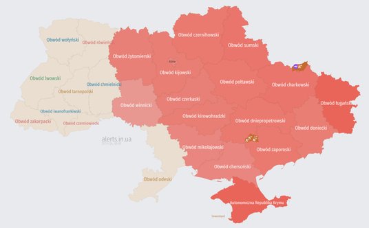 Mapa zagrożeń ze strony alerts.in.ua, stan na godzinę 23:20 24 listopada 2024 r.