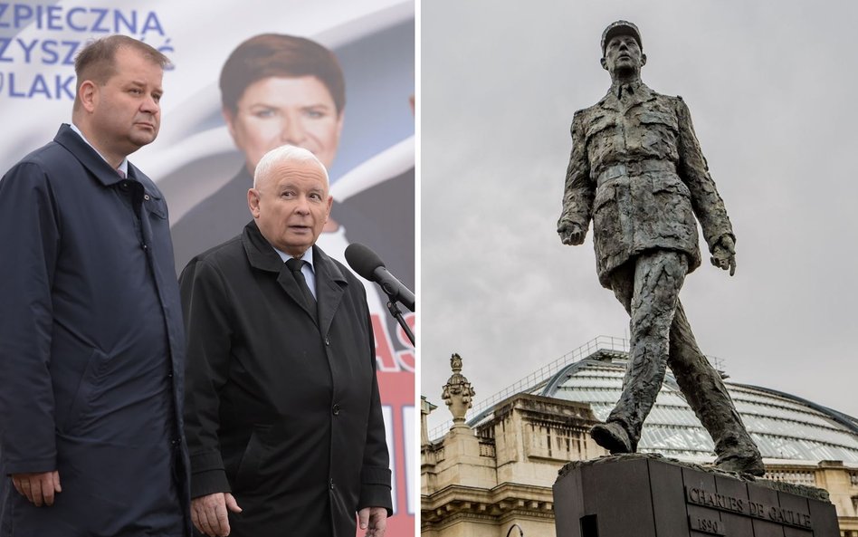 Jarosław Kaczyński i pomnik Charlesa de Gaulle'a w Paryżu