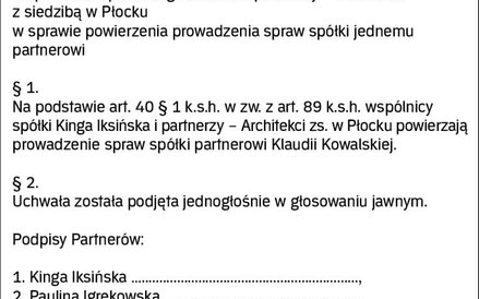 Wzór uchwały ws. powierzenia prowadzenia spraw spółki partnerskiej jednemu wspólnikowi