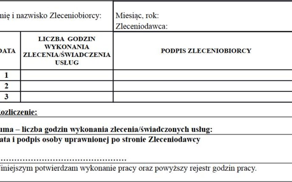 Wzór 2. miesięcznego rejestru godzin – dla każdego dnia oddzielnie