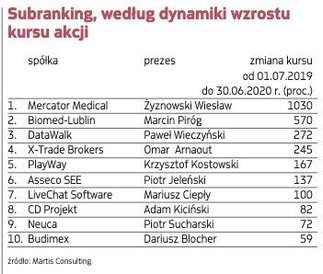 Pod uwagę brano dynamikę kursu akcji od początku III kwartału 2019 r. do końca II kwartału tego roku