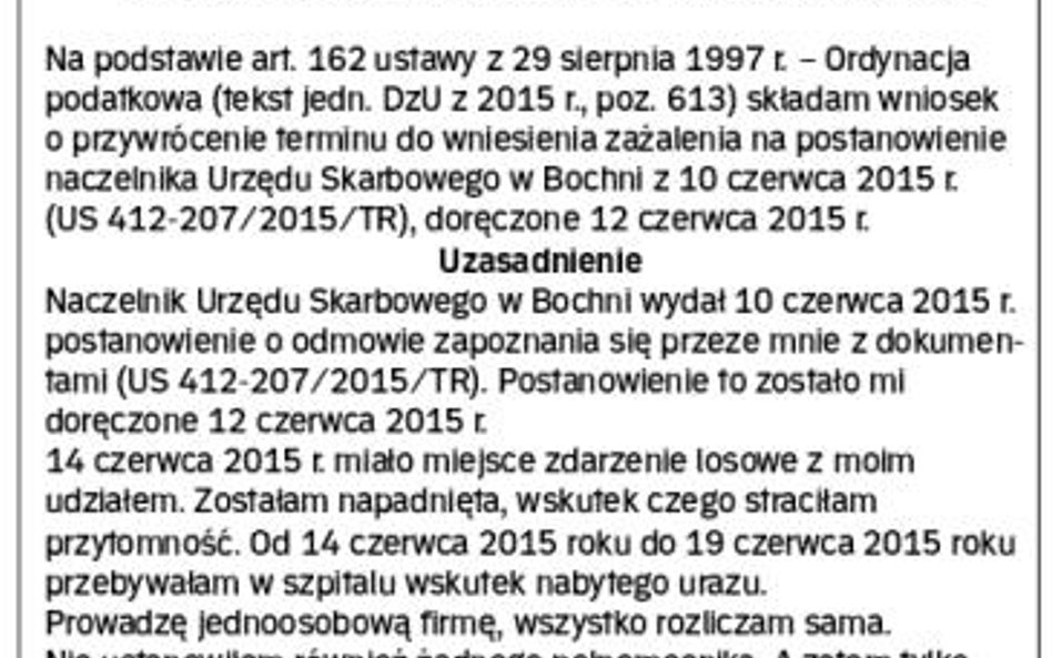 WZÓR wniosku o przywrócenie terminu do wniesienia zażalenia