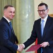 Prezydent Andrzej Duda i premier Mateusz Morawiecki na uroczystości w Pałacu Prezydenckim