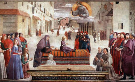 „Cud zmartwychwstania dziecka” Ghirlandaio. Fatalny Palazzo Ferroni w tle, św. Franciszek w obłokach