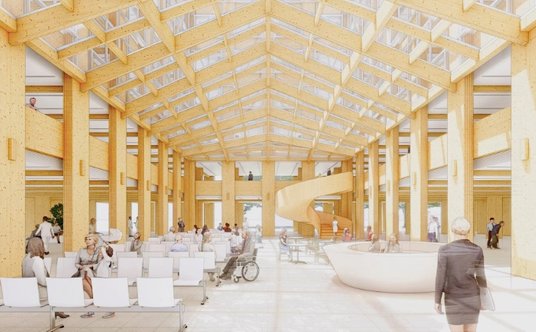 Wnętrze skrzydła szpitalnego zaprojektowanego przez pracownię Shigeru Bana.