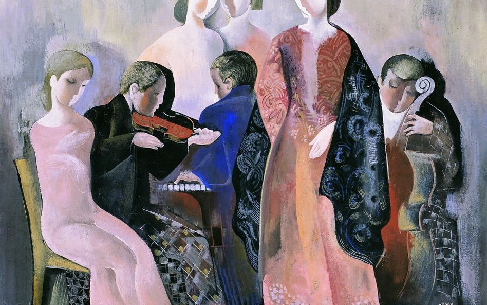 Béla Kádár (1877–1956), Koncert w domu, ok. 1935, tempera, papier, Kolekcja Gábora Kovácsa