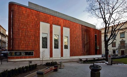 Żaluzje z cegieł na elewacji Pawilonu „Wyspiański 2000” w Krakowie, z witrażami według projektu mala