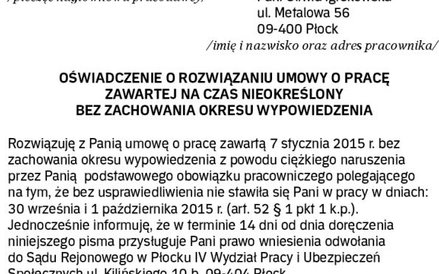 Przykład oświadczenia pracodawcy o rozwiązaniu bezterminowego angażu bez zachowania okresu wypowiedz