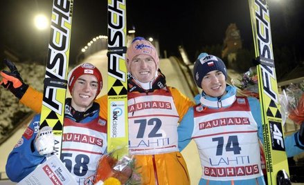 Podium w Lahti: od lewej: Stefan Kraft (2. miejsce), Severin Freund (1.) i Kamil Stoch (3.)