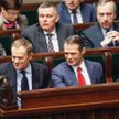 Donald Tusk i typowani w sondażu do szybkiej dymisji Sławomir Nowak i Jacek Rostowski. Siedzących za