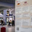 Tablica z informacjami nt. koronawirusa w językach niemieckim, angielskim i chińskim na lotnisku Ber