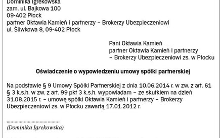Wzór nr 2 oświadczenia o wypowiedzeniu umowy spółki partnerskiej