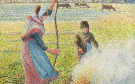 Camille Pissarro "Gelée blanche, jeune paysanne faisant du feu" (Szron, wiejskie kobiety rozpalające