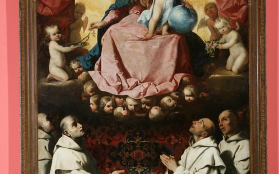 Francisco de Zurbarán y Salazar, Matka Boska Różańcowa adorowana przez kartuzów 1638–1639, olej na p