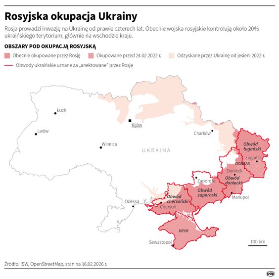 Ukraińskie terytoria pod okupacją Rosji (stan na 16 lutego) (MAPA)