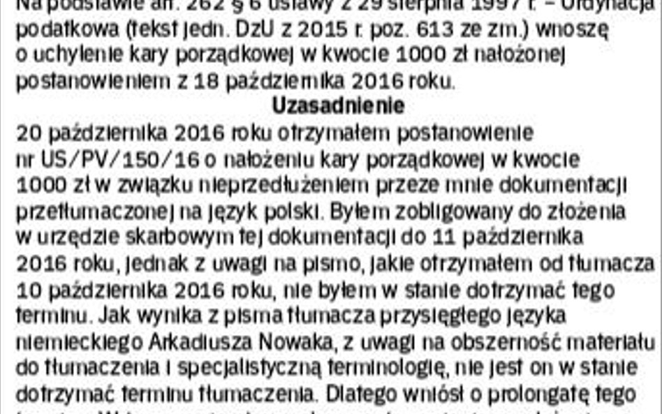WZÓR – wniosek o uchylenie kary porządkowej