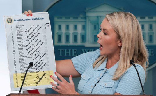 Sekretarz prasowa Białego Domu Karoline Leavitt trzyma wykres przedstawiający stopy procentowe bankó