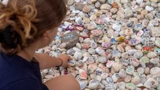 Osoby odwiedzające miejsce pamięci kładą kamyki ku czci ofiar masowej strzelaniny na plaży Bondi
