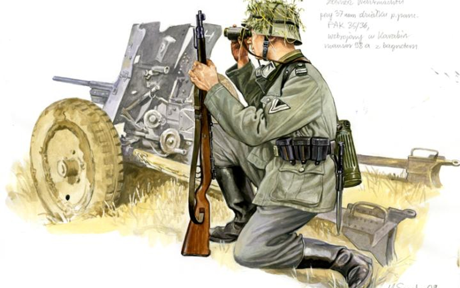 Żołnierz Wehrmachtu przy działku przeciwpancernym PAK 35/36, uzbrojony w karabin Mauser wz. 98