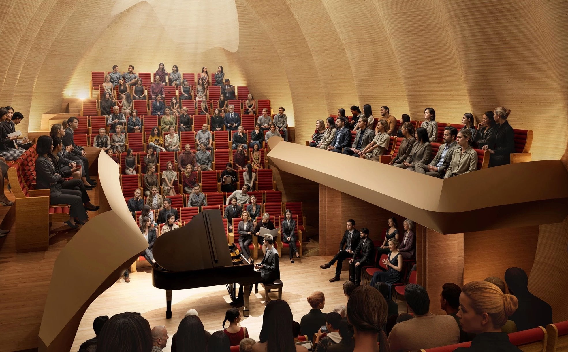 Drewniana sala koncertowa wewnątrz zabytku. To projekt słynnego architekta