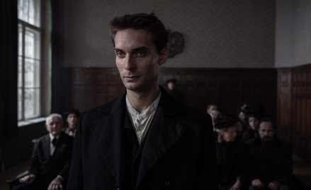 Grzegorz Otrębski jako młody Józef Piłsudski, jeszcze bez charakterystycznych późniejszych wąsów i b