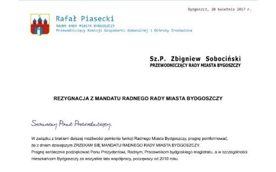 Bydgoszcz: Rafał Piasecki zrzekł się mandatu radnego