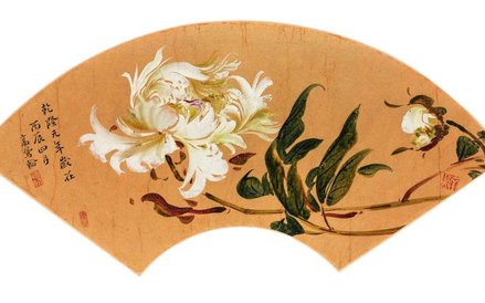 GaoFenghan (1683–1748) Wachlarz z malowidłem Gałązki peonii dynastia Qing, 1. rok panowania cesarza 