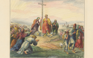 „Wprowadzenie do Polski wiary chrześcijańskiej”: Mieszko I wznosi krzyż na „skruszonych bałwanach po