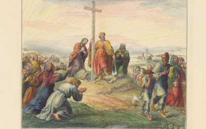 „Wprowadzenie do Polski wiary chrześcijańskiej”: Mieszko I wznosi krzyż na „skruszonych bałwanach po