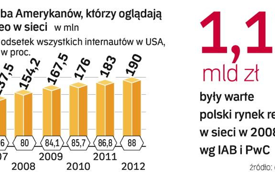 W 2008 r. wpływy z reklam wideo w sieci w Polsce stanowiły według IAB 7 proc. wartości rynku reklamy