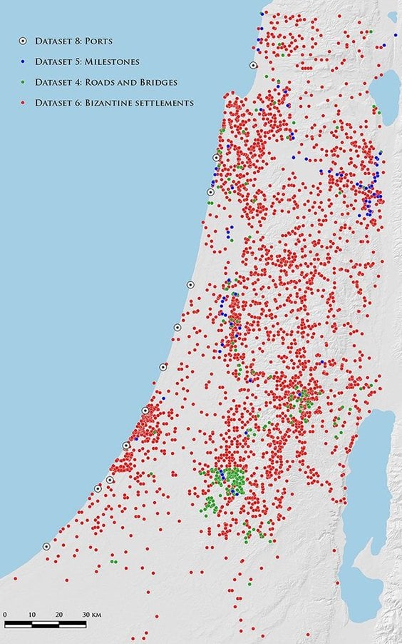 Mapa rozmieszczenia dróg, mostów, kamieni milowych, osad oraz portów w okresie wczesnobizantyjskim. 
