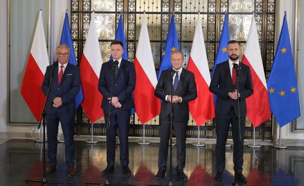 Włodzimierz Czarzasty, Szymon Hołownia, Donald Tusk i Władysław Kosiniak-Kamysz
