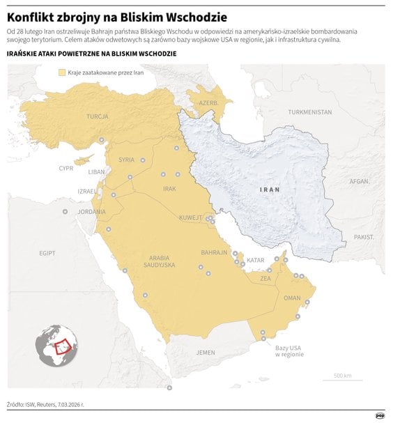 Irańskie ataki powietrzne na cele na Bliskim Wschodzie (stan na 7 marca)