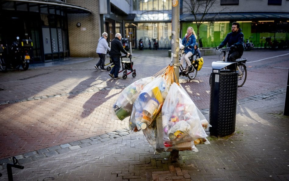 Worki na śmieci z posegregowanymi odpadami w oddzielnych workach. Na całym świecie produkuje się roc