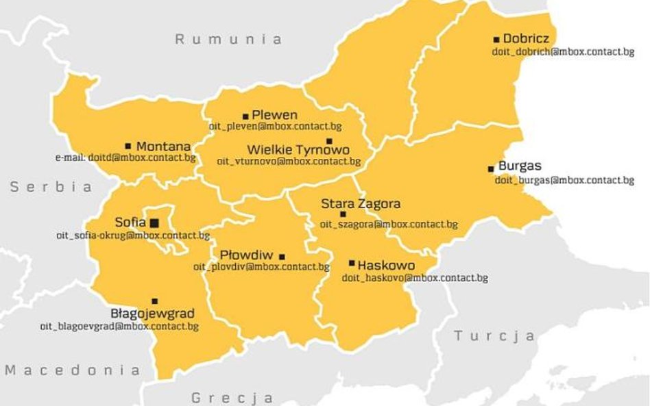 Adresy e-mailowe większych oddziałów bułgarskiej inspekcji pracy