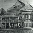 Drewniana XVIII-wieczna synagoga w Nasielsku, rozebrana w 1880 r. Rysunek Elwiro Andriollego, 1870 r
