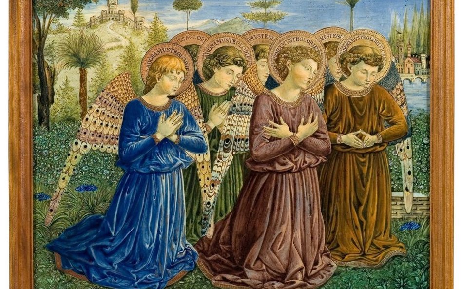 Tableau Klęczące Anioły, Wytwórnia Cantagalli we Florencji, Włochy, ok. 1895; majolika