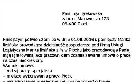 Wzór potwierdzenia zawarcia bezterminowej ustnej umowy o pracę