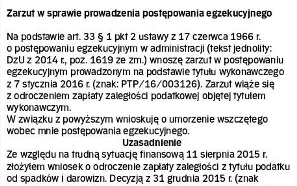 Wzór zarzutu w postępowaniu egzekucyjnym