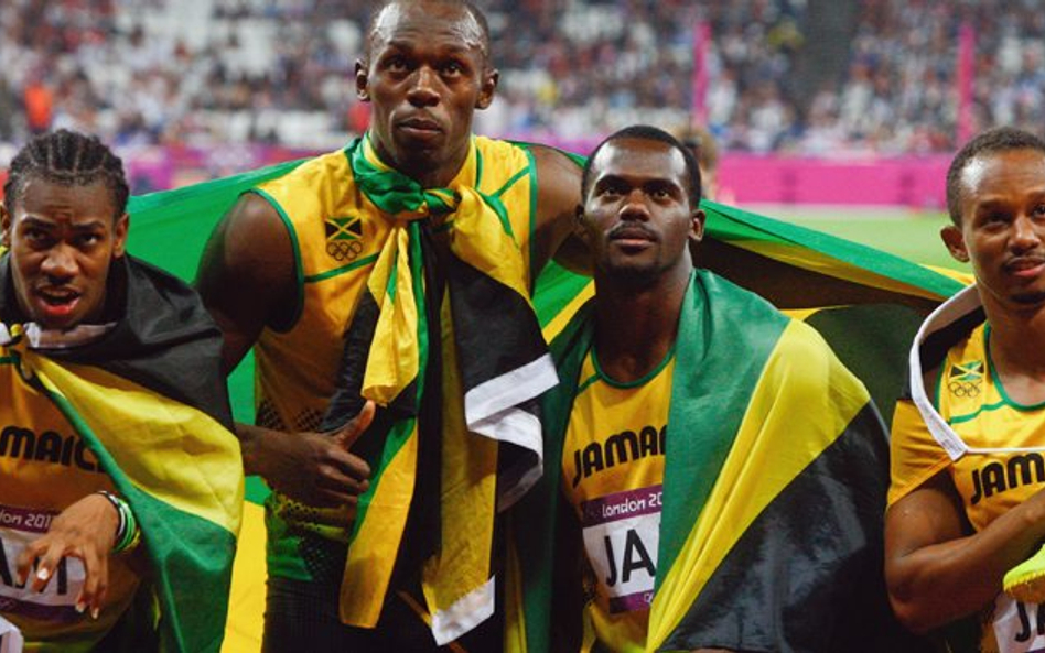 Jamajska sztafeta 4x100 m w Londynie zdobyła olimpijskie złoto. Od lewej Yohan Blake, Usain Bolt, Ne