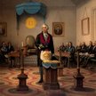 Obraz nieznanego malarza z 1870 r. zatytułowany „Waszyngton jako mistrz masoński” przedstawia prezyd