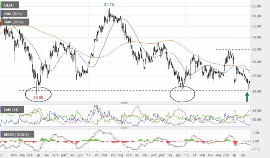Notowania akcji chemicznej spółki dotarły ostatnio do długoterminowej bariery technicznej przy 50 zł
