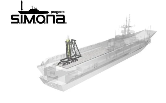 Szkic przedstawiający Giuseppe Garibaldi po konwersji, z wyrzutnia rakiet nośnych na pokładzie.