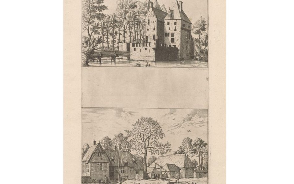 Joannes i Lucas van Doetecum według Pietera Bruegla Starszego „Zamek ze zwodzonym mostem; Gospodarst