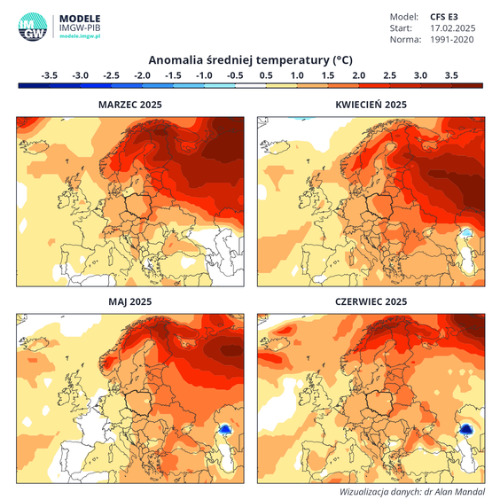 Anomalia średniej temperatury w miesiącach marzec-czerwiec 2025 r.