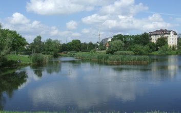 Więcej szczegółów Staw Koziorożca, widok od strony ulicy Obrońców Pokoju