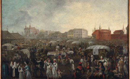 „Targ zboża na Kleparzu”, obraz olejny Teodora Baltazara Stachowicza, 1860 r. W zbiorach Muzeum Krak