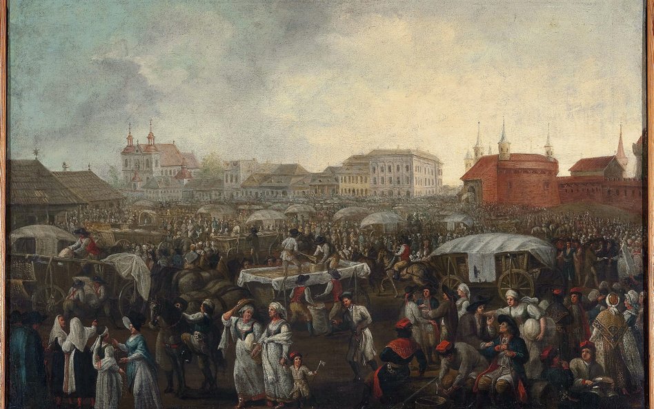 „Targ zboża na Kleparzu”, obraz olejny Teodora Baltazara Stachowicza, 1860 r. W zbiorach Muzeum Krak